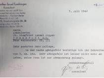 Schreiben des  Konsulenten Dr. Günther Loebinger (Berlin) an den Konsulenten Dr. Siegfried Popper (Frankfurt) vom 7. Juli 1942. Quelle: Hessisches Hauptstaatsarchiv Wiesbaden Bestand 474/3 Akte Nr. 789 (ohne Blattzählung)