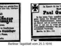 Todesanzeigen Paul Gundelfinger Bild: Berliner Tageblatt 25.3.1916