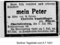 Todesanzeige Peter Gundelfinger Bild: Berliner Tageblatt 6.7.1921